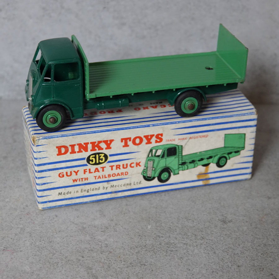 Dinky 513 Guy Flat Truck With Tail Board Two Tone Green Stripped Box